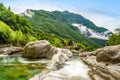 Verzasca River at Lavertezzo - clear and turquoise water stream and rocks in Ticino - Valle Verzasca - Valley in Tessin, Royalty Free Stock Photo