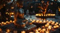 Vesak. Buddha sits around a large number of candles made by people with their own hands Royalty Free Stock Photo