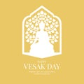 Vesak day banner card with white Buddha and Bodhi Tree sign in window frame on yellow background vector design