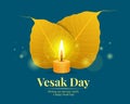 Vesak day banner with gold bodhi leaf and Light candle on blue background vector design