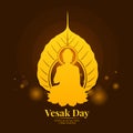 Vesak day banner with gold buddha in bodhi leaf sign vector design