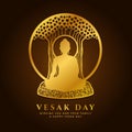 Vesak day banner with Gold buddha Meditate under Bodhi tree in circle frame sign vector design Royalty Free Stock Photo