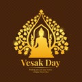 Vesak day banner with gold Buddha Meditate under bodhi tree Sign on flower brown pattern background vector design Royalty Free Stock Photo