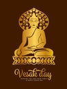 Vesak day banner with Gold paper cut buddha Meditate on lotus and Bodhi tree around haed sign vector design