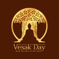 Vesak day banner with gold paper cutting buddha sit under tree on brown background vector design