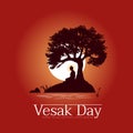 Vesak day banner with The Lord Buddha meditated under Bodhi trees on a full moon night near the stream vector design