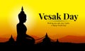 Vesak day banner with Silhouette Big Buddha statue in temple and mountain on yellow orange sky vecto design