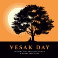 Vesak day banner with Silhouette The Lord Buddha meditated under Bodhi tree on a full moon orange sky night vector design Royalty Free Stock Photo