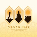 Vesak day banner with Three events on vesak Day are Nativity , Enlightenment and nirvana in frame vector design