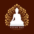 Vesak day banner with white buddha Meditate sign and gold Bodhi tree background vector design