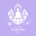 Vesak day banner with white Buddha Meditation on lotus art sign design on purple background