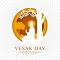 Vesak day banner - white and Yellow The lord buddha Meditate under bodhi tree in circle layer style on white flower texture Royalty Free Stock Photo