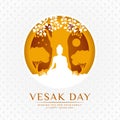 Vesak day banner - white and Yellow The lord buddha Meditate under bodhi tree in circle layer style on white flower texture