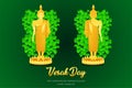 Vesak day buddha monk phra stand front - back view pray concentration composed release front of pho leaf religion culture faith