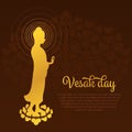 Vesak day with gold Buddha statue standing on lotus and Bodhi Tree background vector design