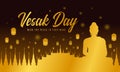 Vesak day with gold A large meditation statue of the Buddha in the temple on night time and lantern on sky vector design