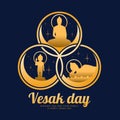 Vesak day The golden three events of buddha are nativity enlightenment and nirvana in ring cross on dark blue background vector