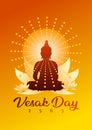 Vesak day greeting poster with Buddhist silhouette and lotus flower and orange gradation background