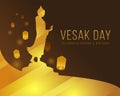 Vesak day with light gold Buddha statue stood and raised his hand Sign and sky lanterns on dark brown background vector design