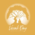 Vesak day with Silhouette the Buddha meditation under bodhi tree in circle light full moon night on yellow background vector