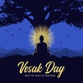 Vesak day - Silhouette The Lord Buddha meditated with radiance light under Bodhi trees at night time vector design