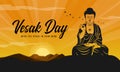 Vesak day, wish the peace in your mind text - big Silhouette Buddhist Zen on hill and yellow gold sunset in evening time vector