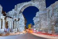 The Vespasian gate to the ancient city of Side at night, Turkey