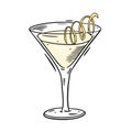 Vesper cocktail with lemon zest in glass. Hand drawn flat style. Cartoon vector illustration. Isolated on white