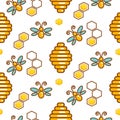 Vespiary and bees seamless vector outline pattern. Royalty Free Stock Photo