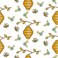 Vespiary, flowers and bees seamless vector pattern.