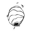 Vespiary with wasps illustration black isolated on white background