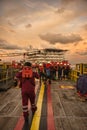Marine crew get ready during arrival at accommodation work barge Royalty Free Stock Photo