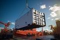 Vessel loading Industrial crane facilitates cargo container placement on ship Royalty Free Stock Photo