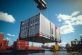 Vessel loading Industrial crane facilitates cargo container placement on ship Royalty Free Stock Photo