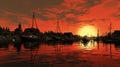 Captivating Sunset Harbor With Richly Colored Skies - Daz3d Style Royalty Free Stock Photo