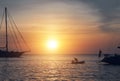 Vessels at Cala Saona in Formentera during sunset Royalty Free Stock Photo