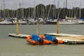 Vessels on their moorings at the harbour and marina on the river Hamble at Warsash on the South Coast of England