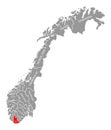Vest Agder red highlighted in map of Norway Royalty Free Stock Photo