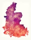 Vest Agder region watercolor map of Norway in front of a white background