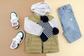 Vest,jumper,hooded sweatshirt,knitted hat,jeans pants with sneakers.Set of baby children's clothes,clothing