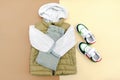 Vest,jumper,hooded sweatshirt,knitted,jeans pants with sneakers.Set of baby children& x27;s clothes,clothing,accessories Royalty Free Stock Photo