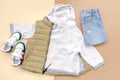 Vest,jumper,hooded sweatshirt,knitted,jeans pants with sneakers.Set of baby children& x27;s clothes,clothing,accessories