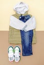 Vest,jumper,hooded sweatshirt,knitted,jeans pants with sneakers.Set of baby children& x27;s clothes,clothing,accessories Royalty Free Stock Photo