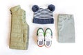 Vest,jumper,hoodie,jeans pants,hat,sneakers. Set of baby children's clothes,clothing and accessories for spring Royalty Free Stock Photo