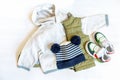 Vest,jumper,sweater and hat with sneakers. Set of baby children\'s clothes,clothing and accessories