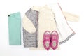 Vest,warm jumper,sweater,jeans pants,pink sneakers.Set of baby children's clothes for spring,winter Royalty Free Stock Photo