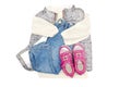 Vest,warm jumper,sweater,jeans pants,pink sneakers.baby children's clothes,clothing for spring,autumn,winter on white Royalty Free Stock Photo