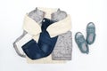 Vest,warm jumper,sweater,jeans pants,sneakers. Set of baby children& x27;s clothes,clothing for spring,autumn,winter on Royalty Free Stock Photo