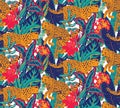 Vestor seamless pattern with jaguars, tropical leaves and flowers.