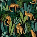 Vestor seamless pattern with leopards and tropical leaves. Royalty Free Stock Photo